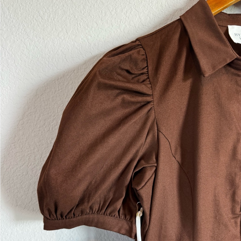 Tuckernuck Hyacinth House Chocolate Brown Puff Sleeve Denim Zip Midi Dress M - Picture 7 of 10